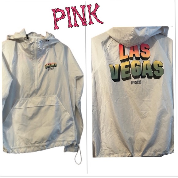 PINK Victoria Secret White Hooded Kangaroo Pouch Windbreaker Jacket XS LAS VEGAS - Picture 1 of 10